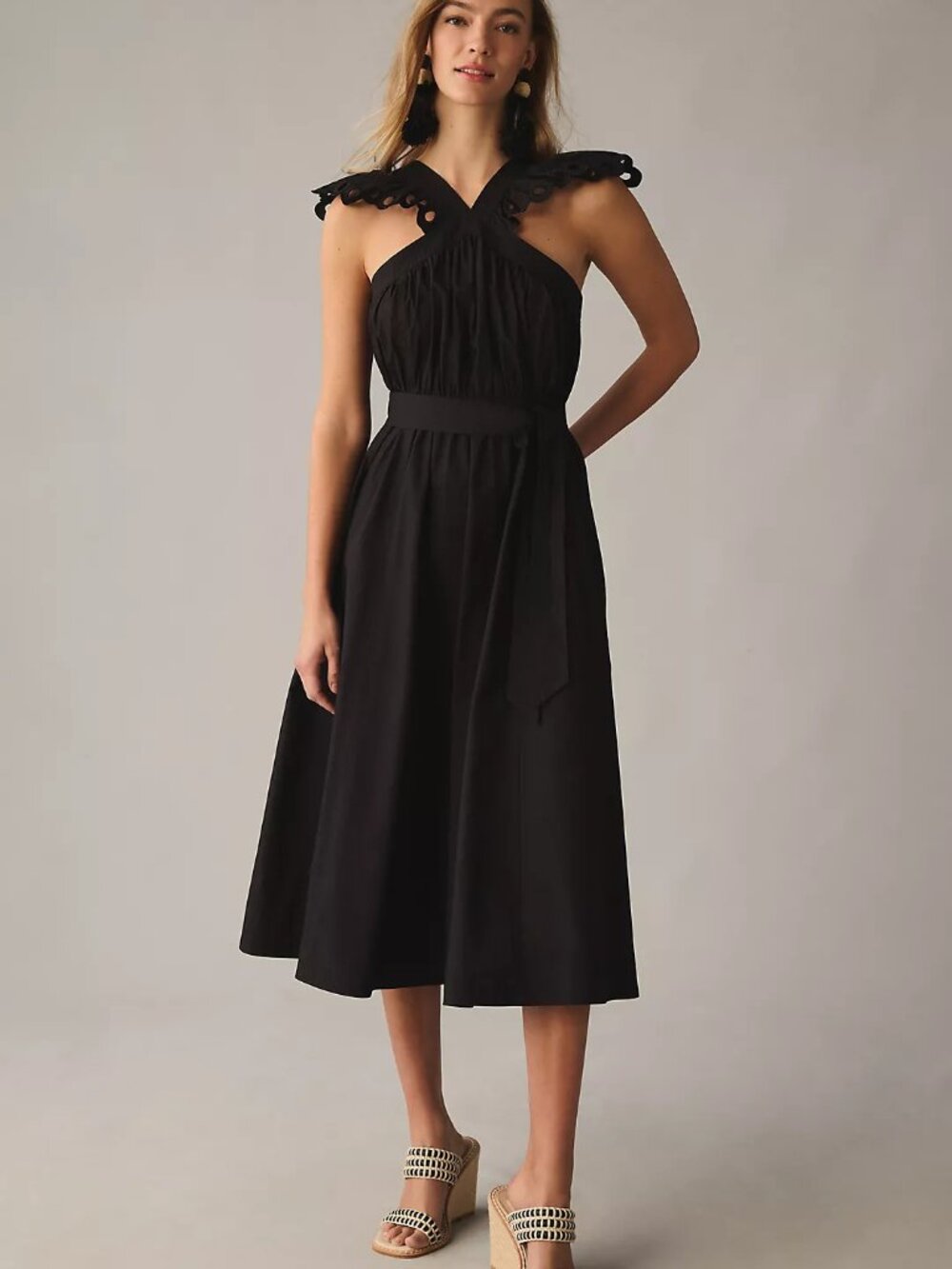 Anthropologie En Saison Black Eyelet Halter A-Line Midi Dress Size S
